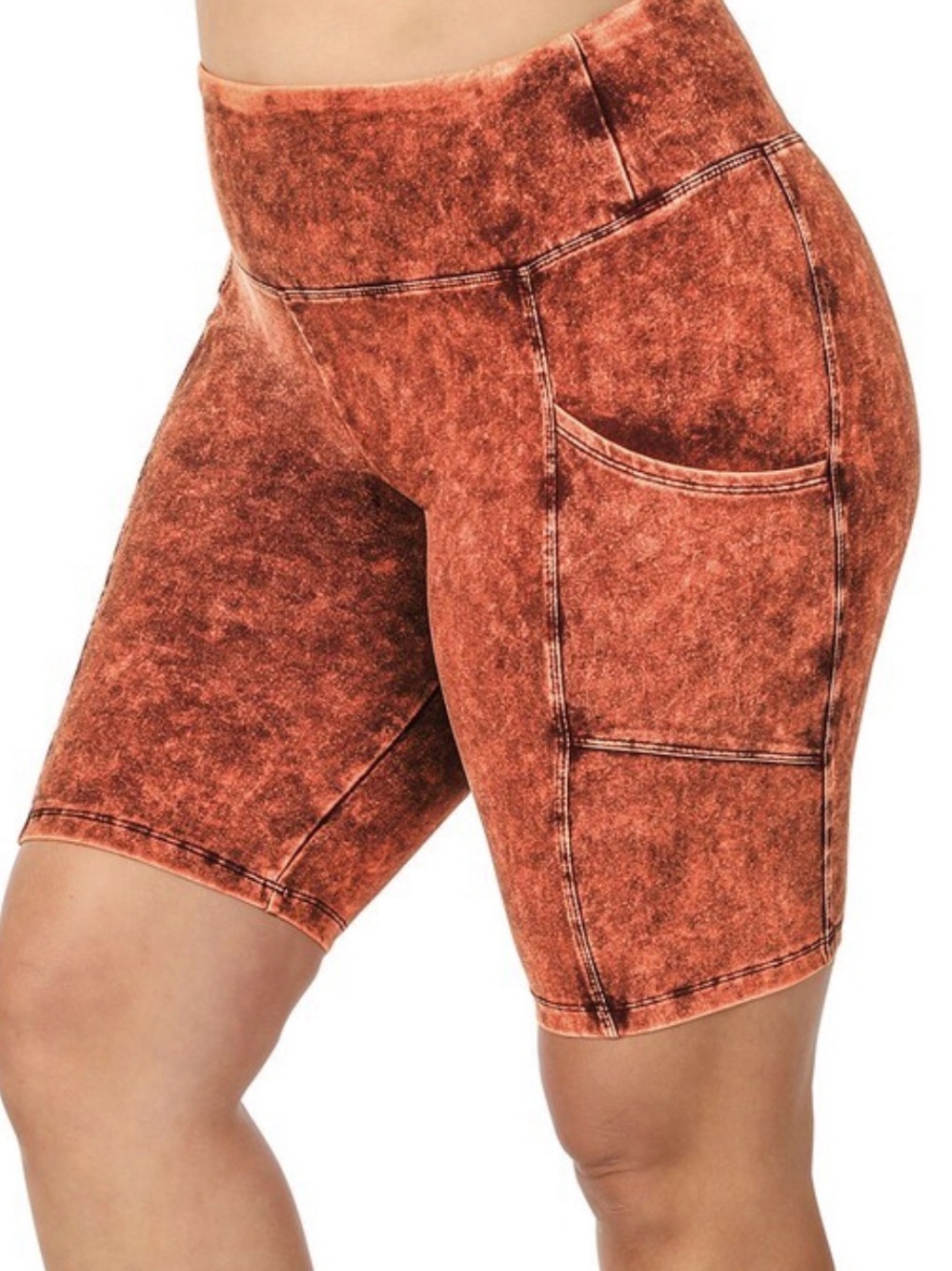 Zenana Outfitters Acid-Wash Rust Orange High-Rise Bike Shorts with Side Pockets